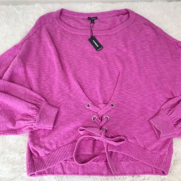EXPRESS Pink Lace Up Sweater Oversized Pullover Tie Waist Casual Size Large New - Picture 5 of 12